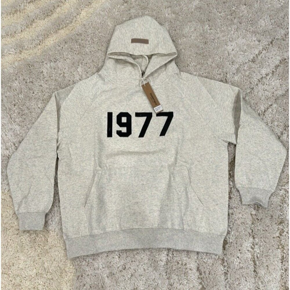 Essentials Fear of God 1977 Logo Oatmeal Gray Hoodie for Men Size S, M, L